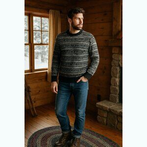 Express Mens Black White Neck Nordic Fair Isle Knit Sweater Medium Crew Winter